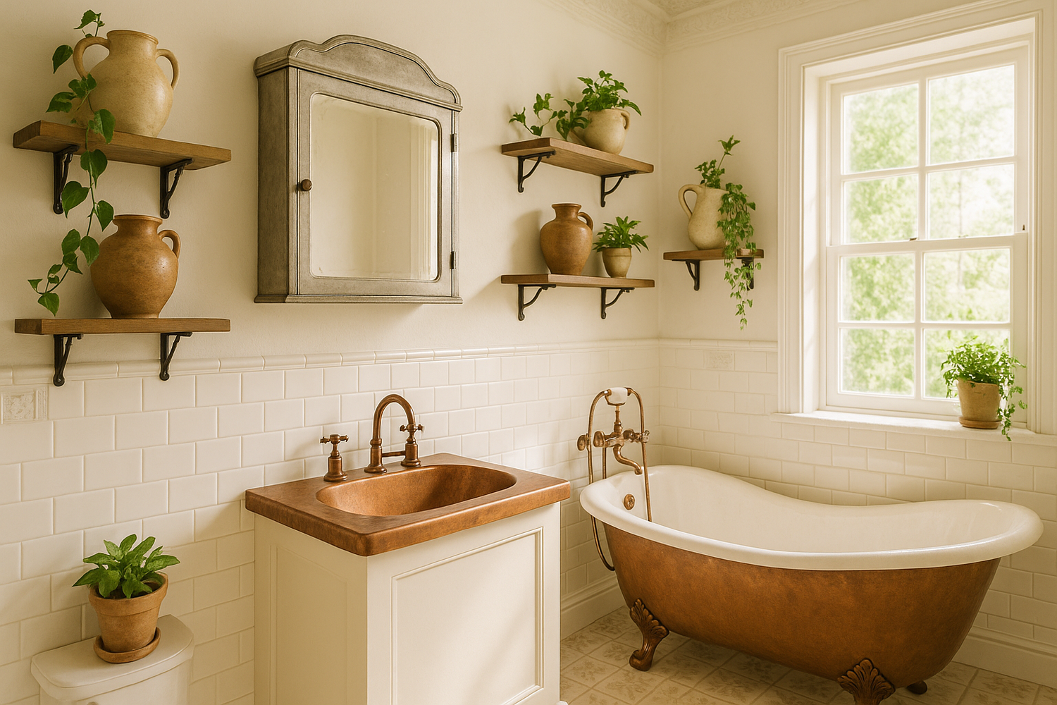 A vintage period bathroom with a copper bath, copper sink and taps, shelving and plants