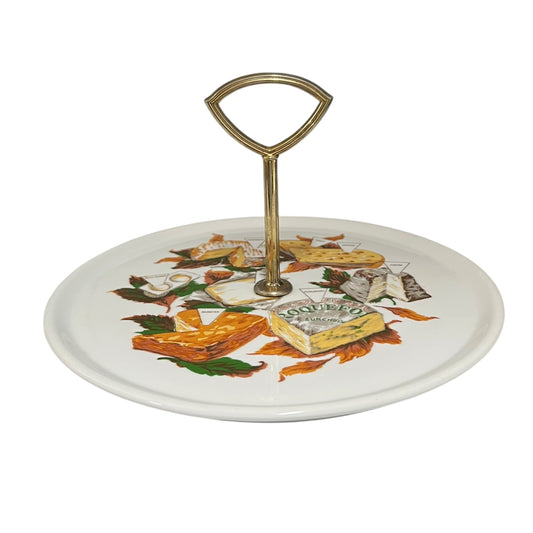 Decorative cheese board with illustrations of cheese and vegetables, ideal for a cheese and wine evening or a buffet, set on a white background