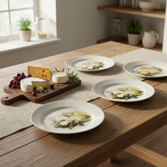 A set of vintage French “Les Fromages” porcelain cheese plates arranged on a rustic wooden farmhouse table bathed in soft, natural daylight. The plates each show different cheese illustrations. Beside them, display a small board of cheeses (e.g. a soft brie, a goat’s cheese, a wedge of comté), with crumbs, grapes, and a sprig of fresh herbs (thyme or rosemary). The table has a linen or cotton runner in muted cream or pale grey. In the background, hint at white-washed walls, open shelving with jars