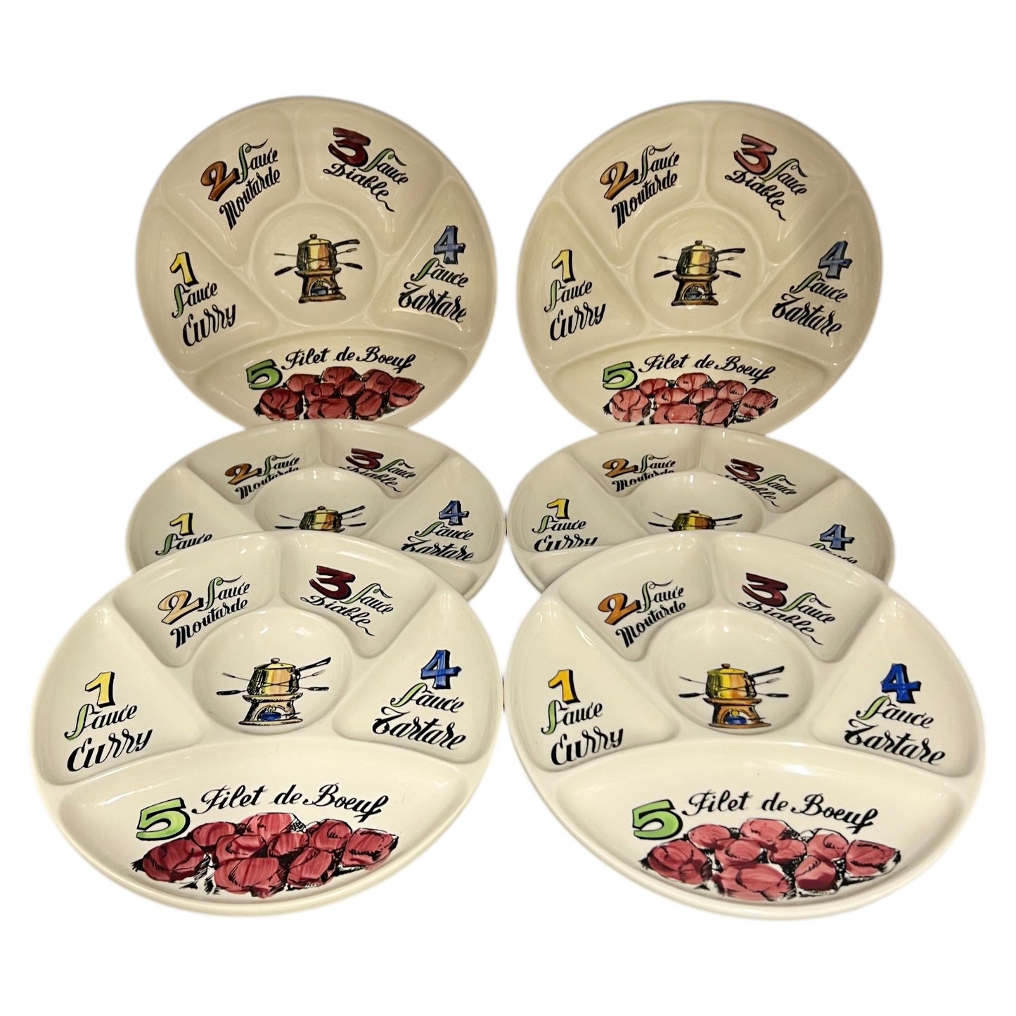 Vintage Gien Plate Set, 6 Piece French Fondue Plates, Divided Sections