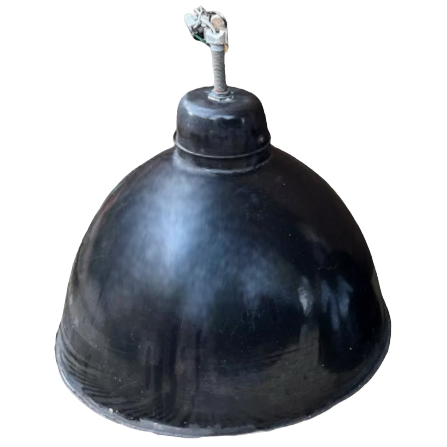 A French vintage enamel black pendant lampshade with visible signs of wear such as rust and patina, suitable for a vintage or industrial style ceiling light.