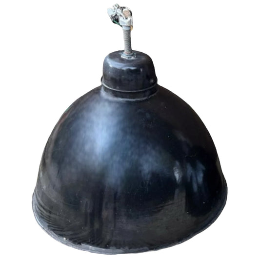 A French vintage enamel black pendant lampshade with visible signs of wear such as rust and patina, suitable for a vintage or industrial style ceiling light.