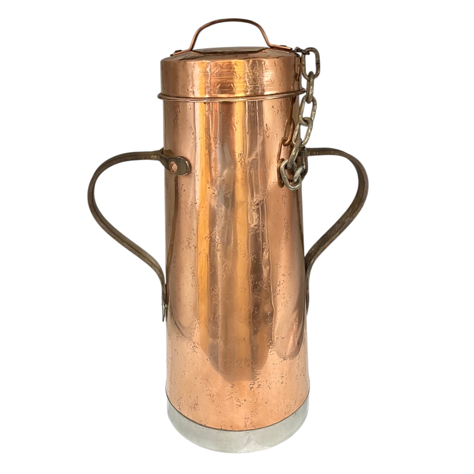 Vintage French copper milk churn with iron handles and copper lid on a white background