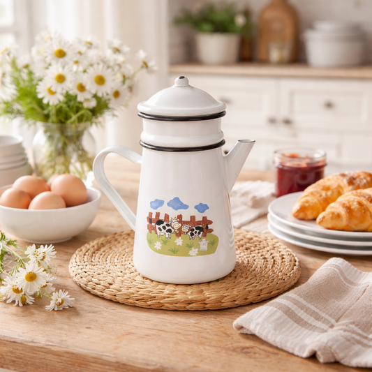 White enamel coffee pot or teapot with farm design on a farmhouse kitchen table