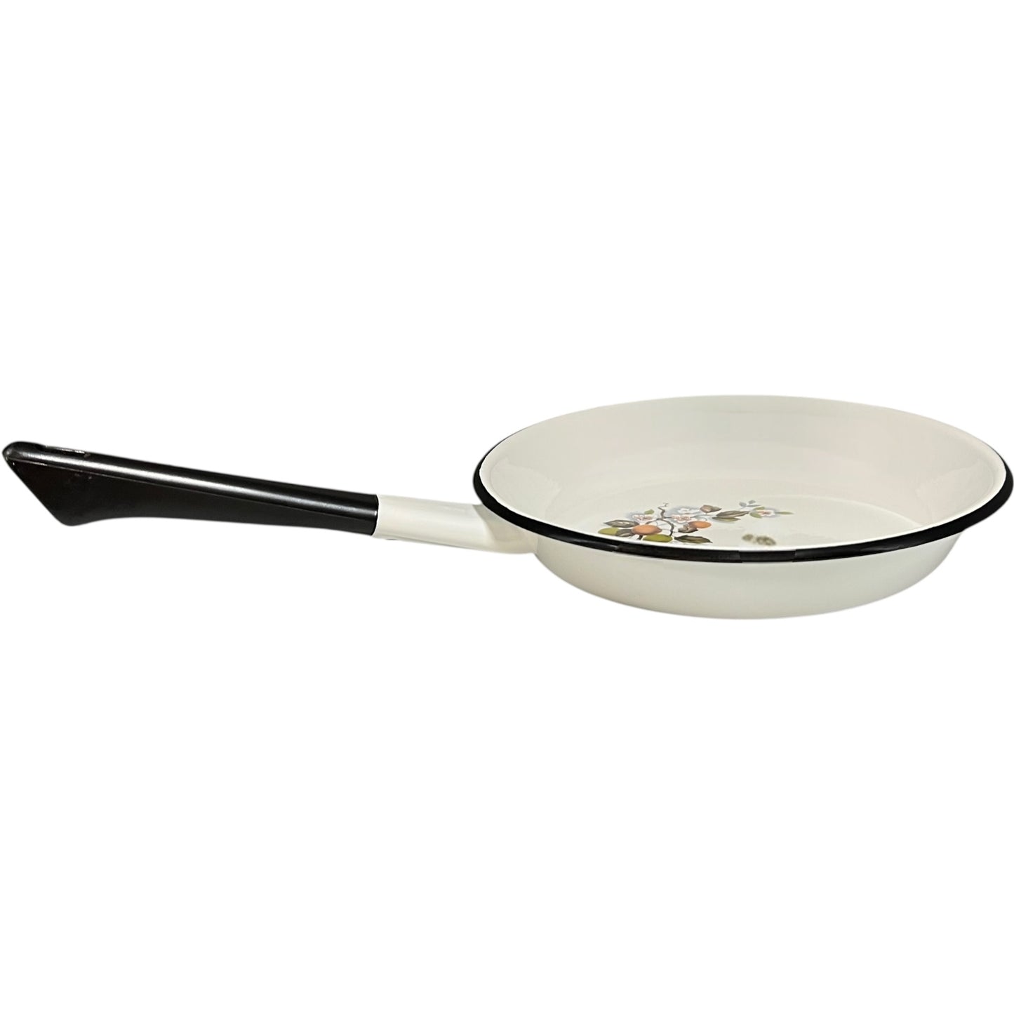 White frying pan with black handle on a white background