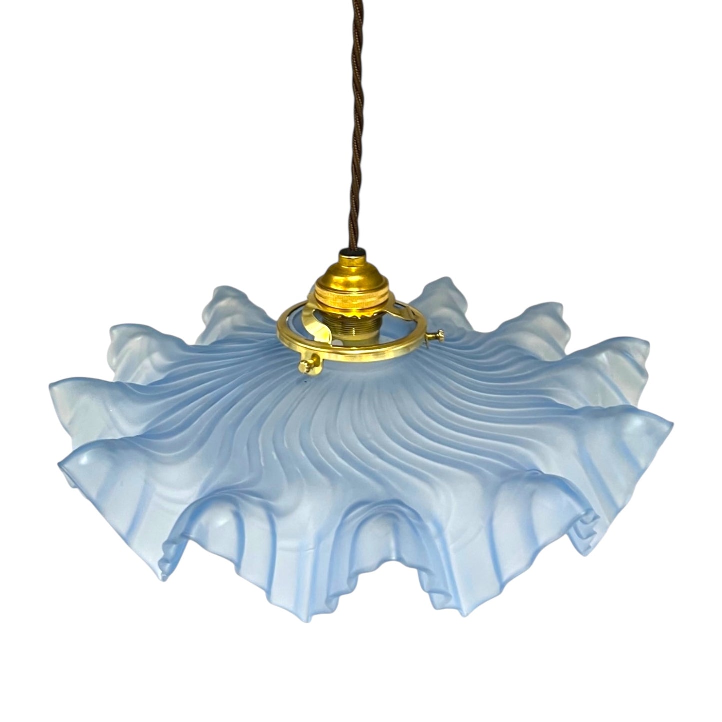Vintage-style pendant light with a blue glass shade, a brass fitting and a brown twisted wire on a white background for sale from All Things French Store