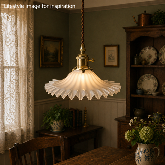 Vintage-style pendant light in a cozy room with wooden furniture and decor.