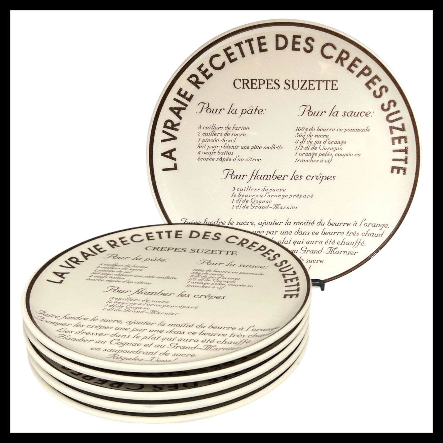 Crepe Suzette Plate Set, French Crepe Recipe Plates, 6 Set, Large 26cm