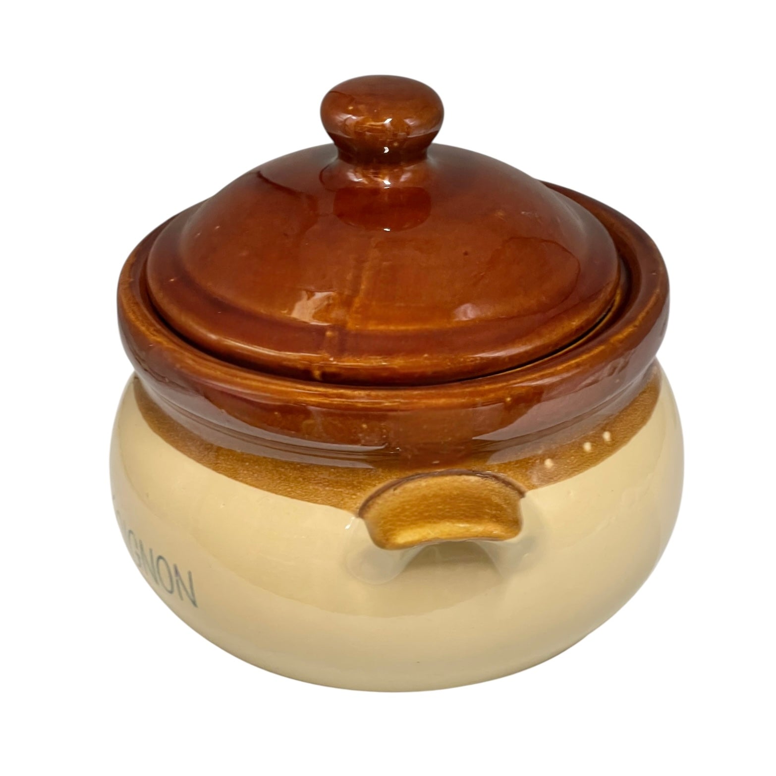 Ceramic soup tureen with a brown lid and beige body on a white background