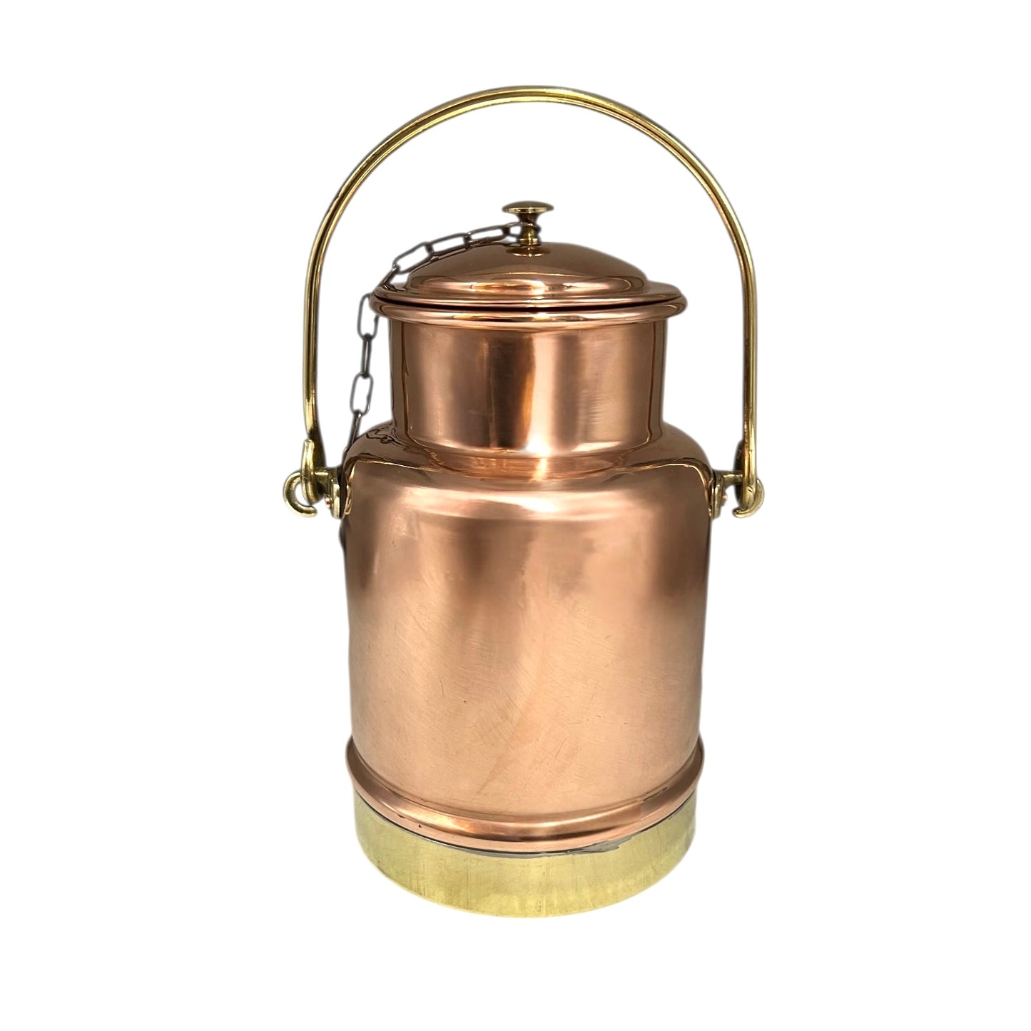 Vintage Copper & Brass Milk Cream Churn, Small 1.9L French Copper Canister with brass handle and lid on a chain for sale