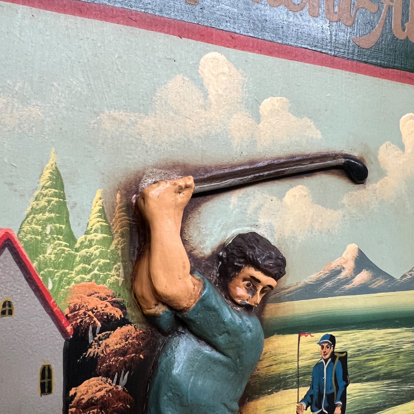 Vintage-style illustration of a person with a golf club against a scenic background