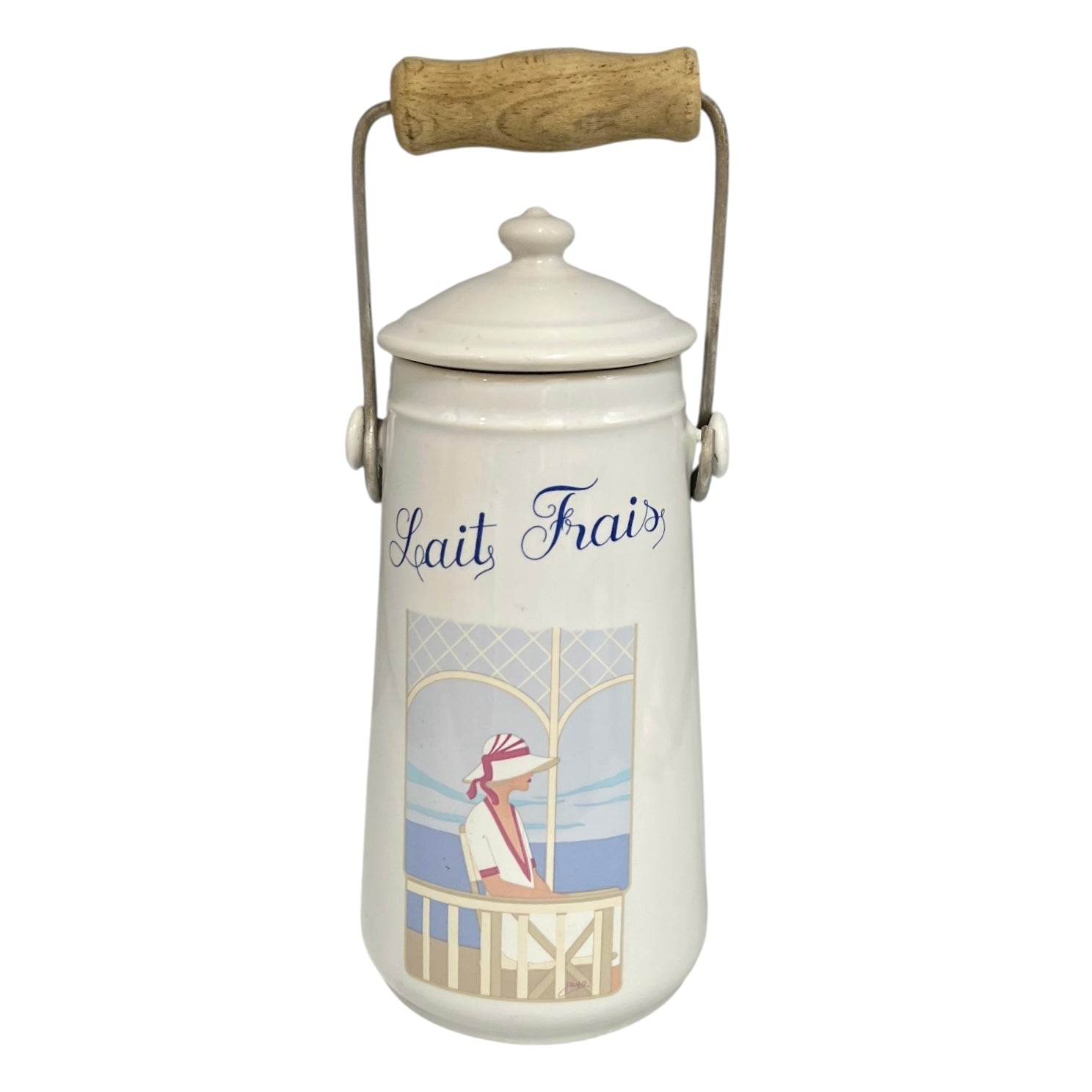 Decorative milk churn with 'Lait Frais' text and beach scene on a white background