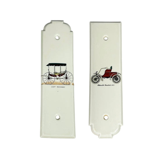 Two decorative door push plates fingerplates with vintage car illustrations on a white background