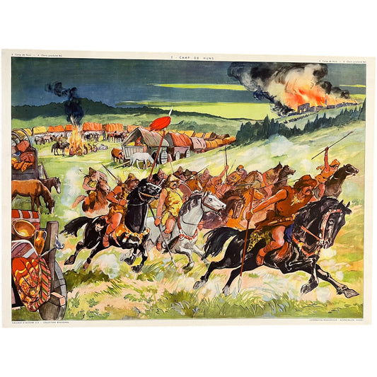 A vintage French double-sided school poster depicting historical scenes with figures representing Attila the Hun and Clovis I, the first king of the Franks, with a castle in the background.