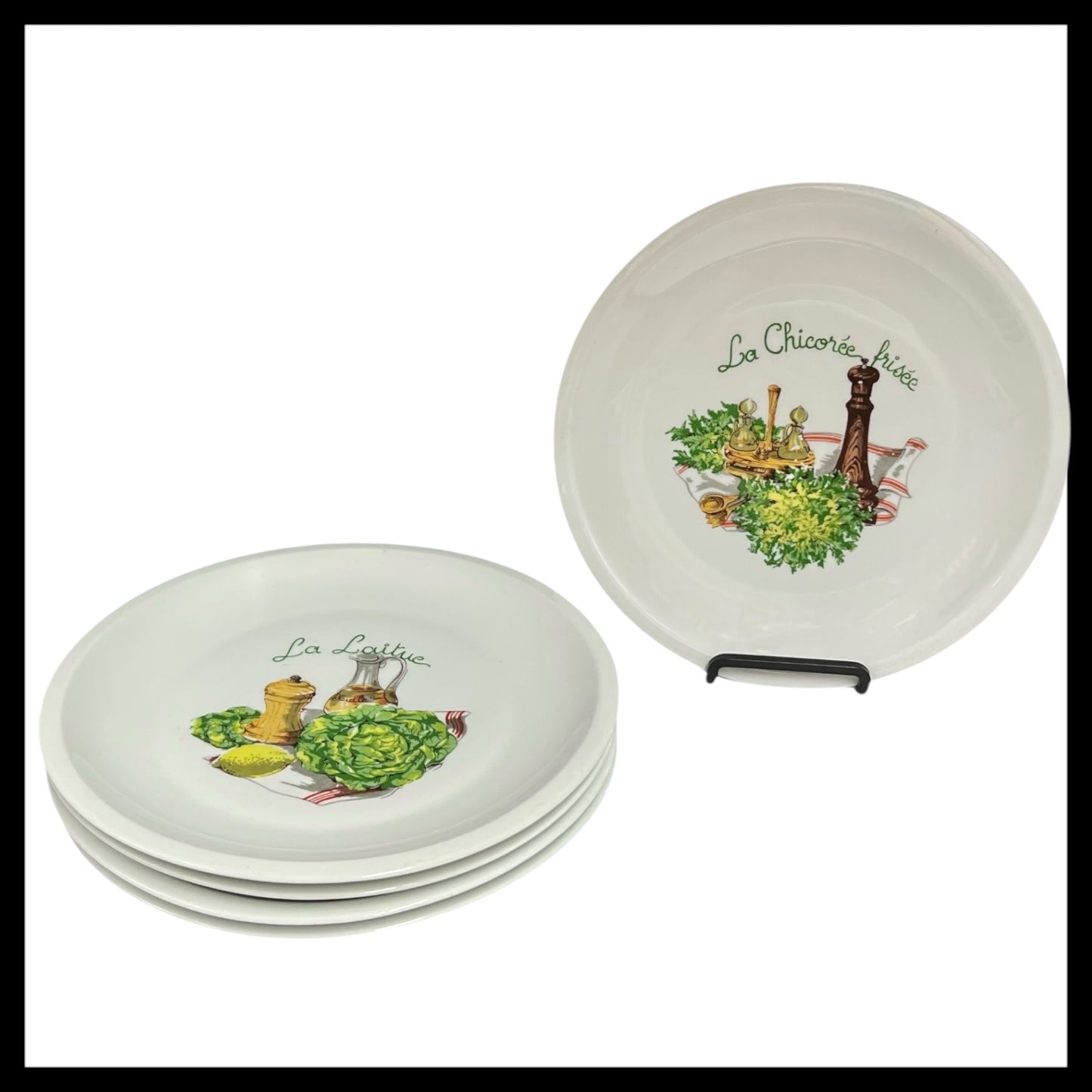 5 French Salad Plates each with a different lettuce picture and French writing