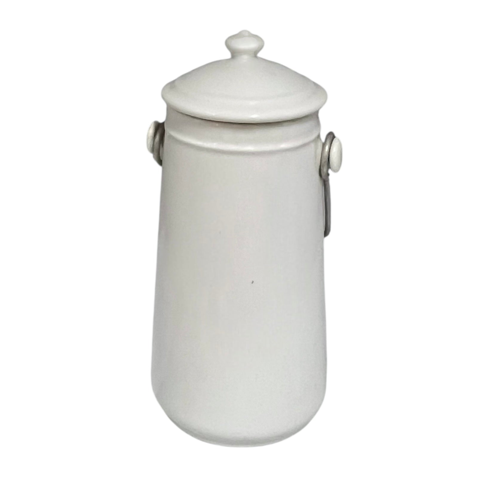 White ceramic churn with a lid and wooden handle on a white background