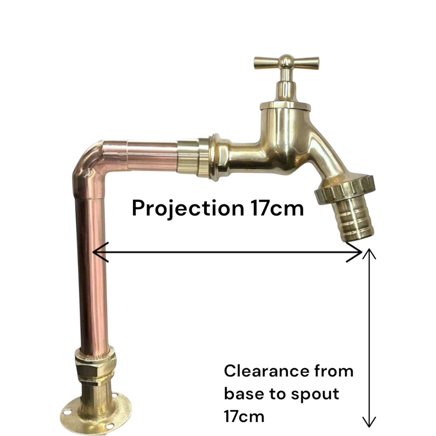 Brass and copper faucet tap with measurements on a white background