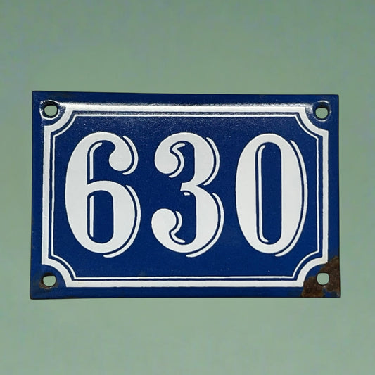 French Vintage Antique Enamel Door Number 630, White and Blue House Number 630 for sale from All Things French Store