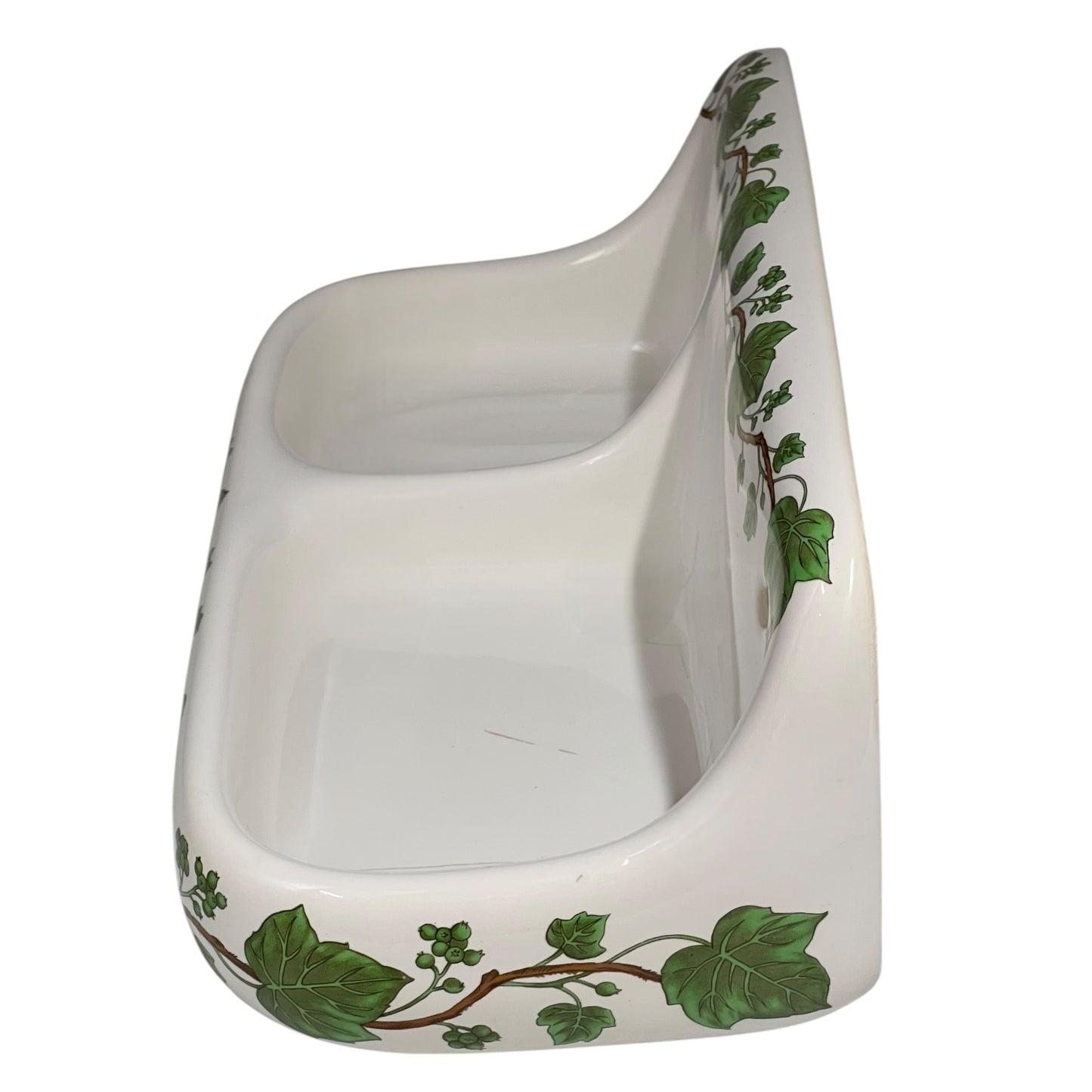 White porcelain double soap dish with green leaf patterns on a white background for sale