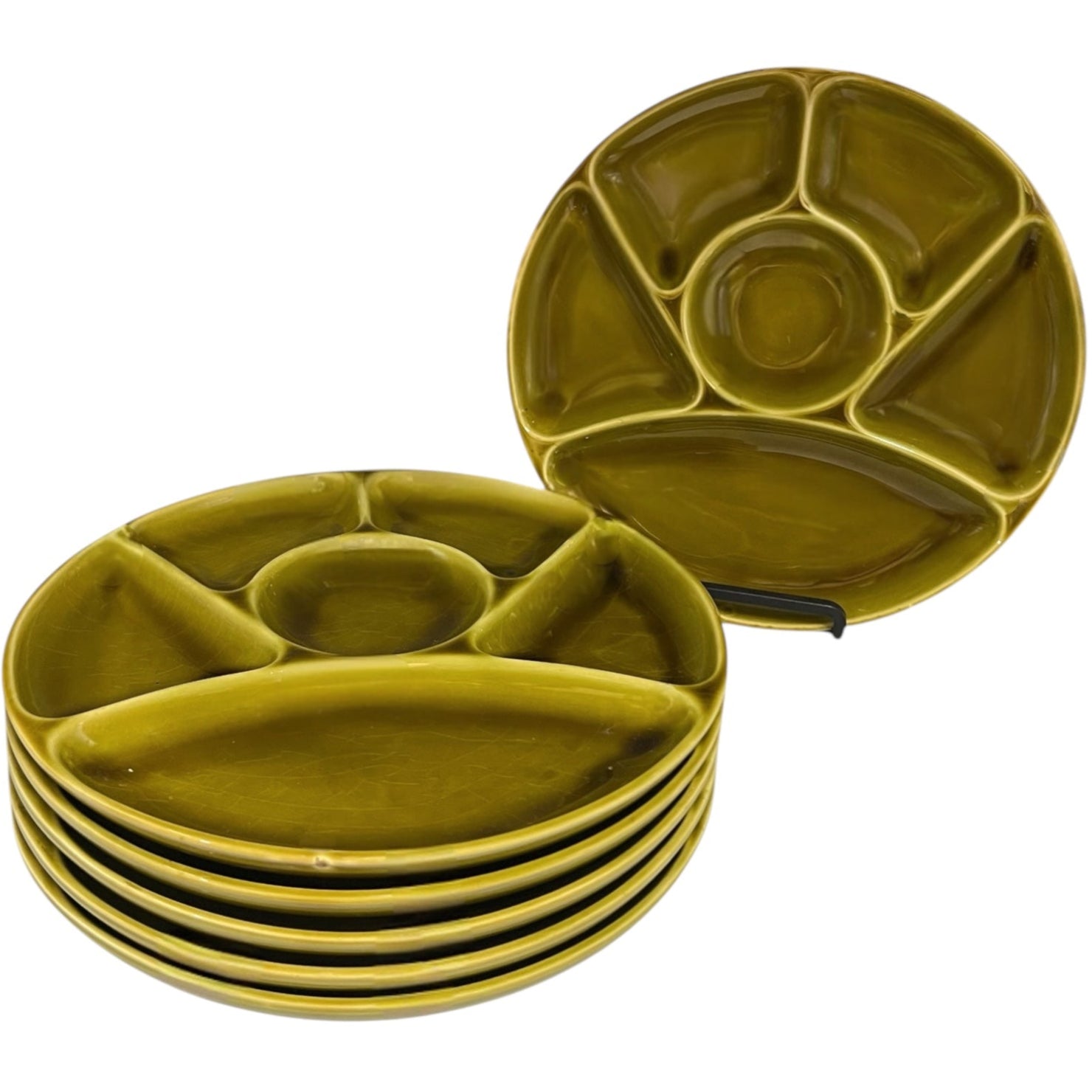 set 6 green Fondue Plates, Retro Mid Century Divided Plate Set, BBQ, Portion Plates