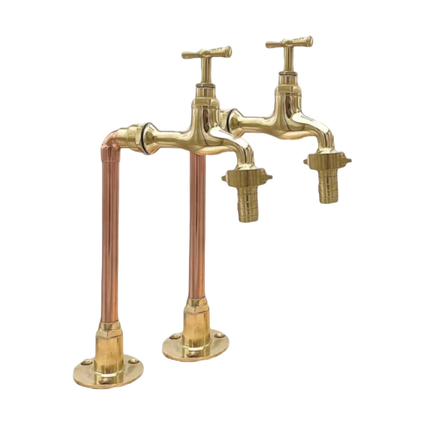 A pair of vintage style copper and brass taps with detachable nozzles, featuring a polished finish for sale by All Things French Store.