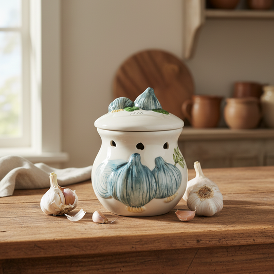 Ceramic pot with garlic design on a wooden table