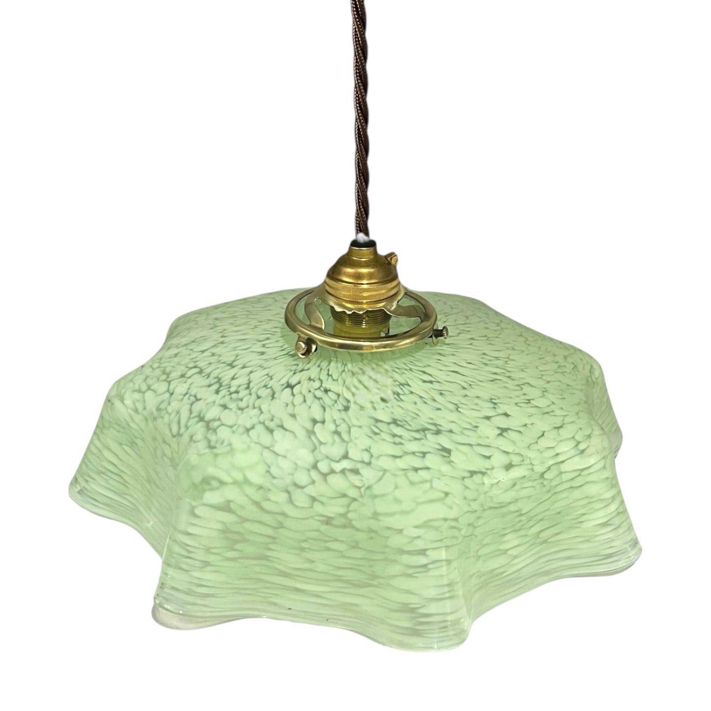 Vintage pendant light with textured green glass shade and brass fitting on a white background for sale rom All Things French Store