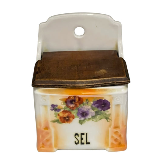 Vintage Salt Cellar, Traditional Ceramic Sel Pot, Salt Pig Wooden Lid