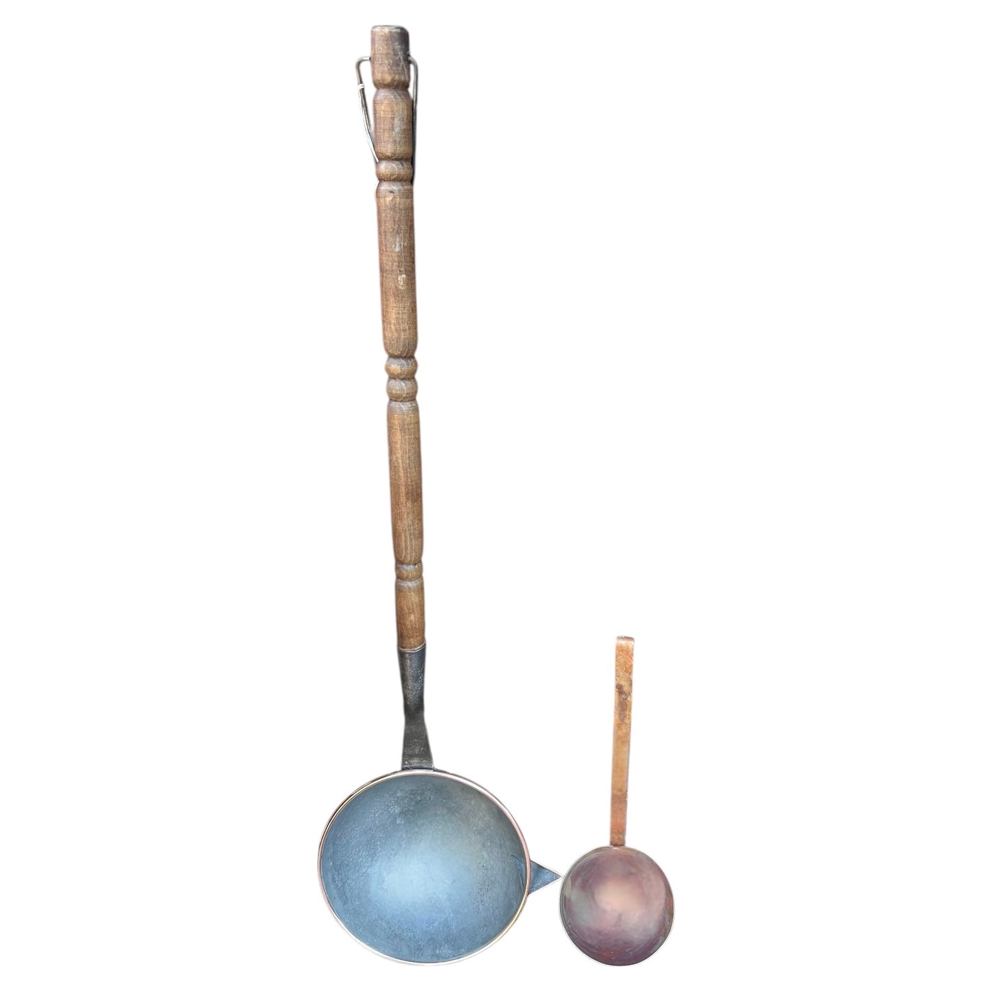 Very Long Handled Vintage Copper Ladle, French Copper Scoop, 94cm Long with a wooden handle with a small ladle for scale