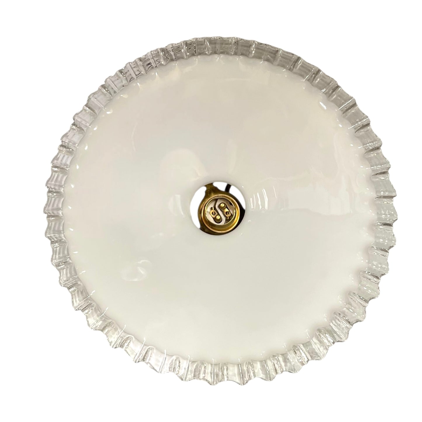 Close-up of a pendant light with white glass shade and brass fitting on a white background