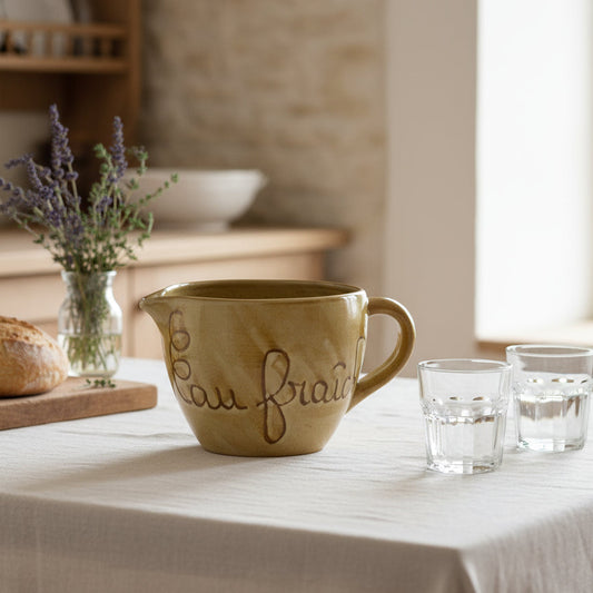 Beige ceramic pitcher with 'Eau Fraiche' text on a table with glasses and lavender.