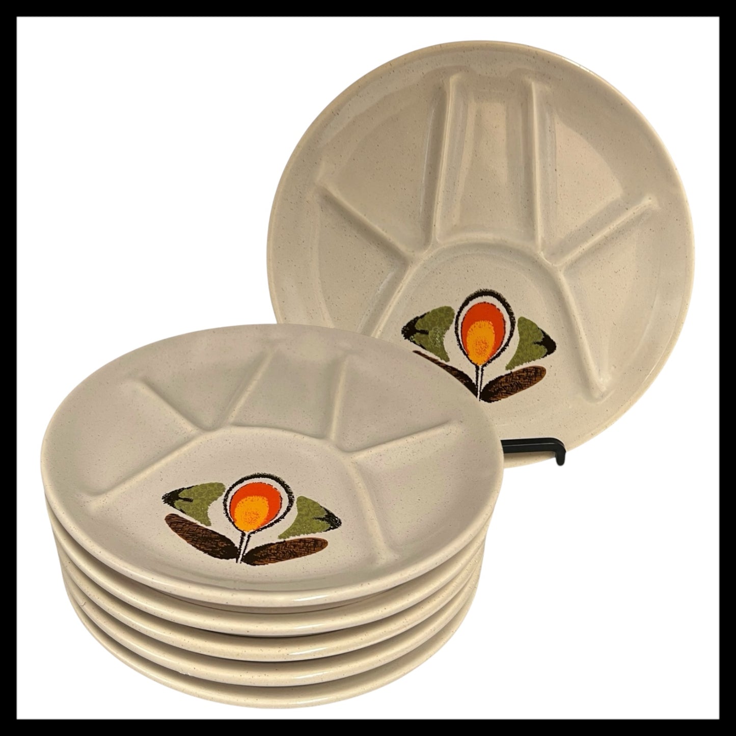 set of 6 Fondue Plates, Retro Mid Century Divided Plate Set, Faience Pottery flower design