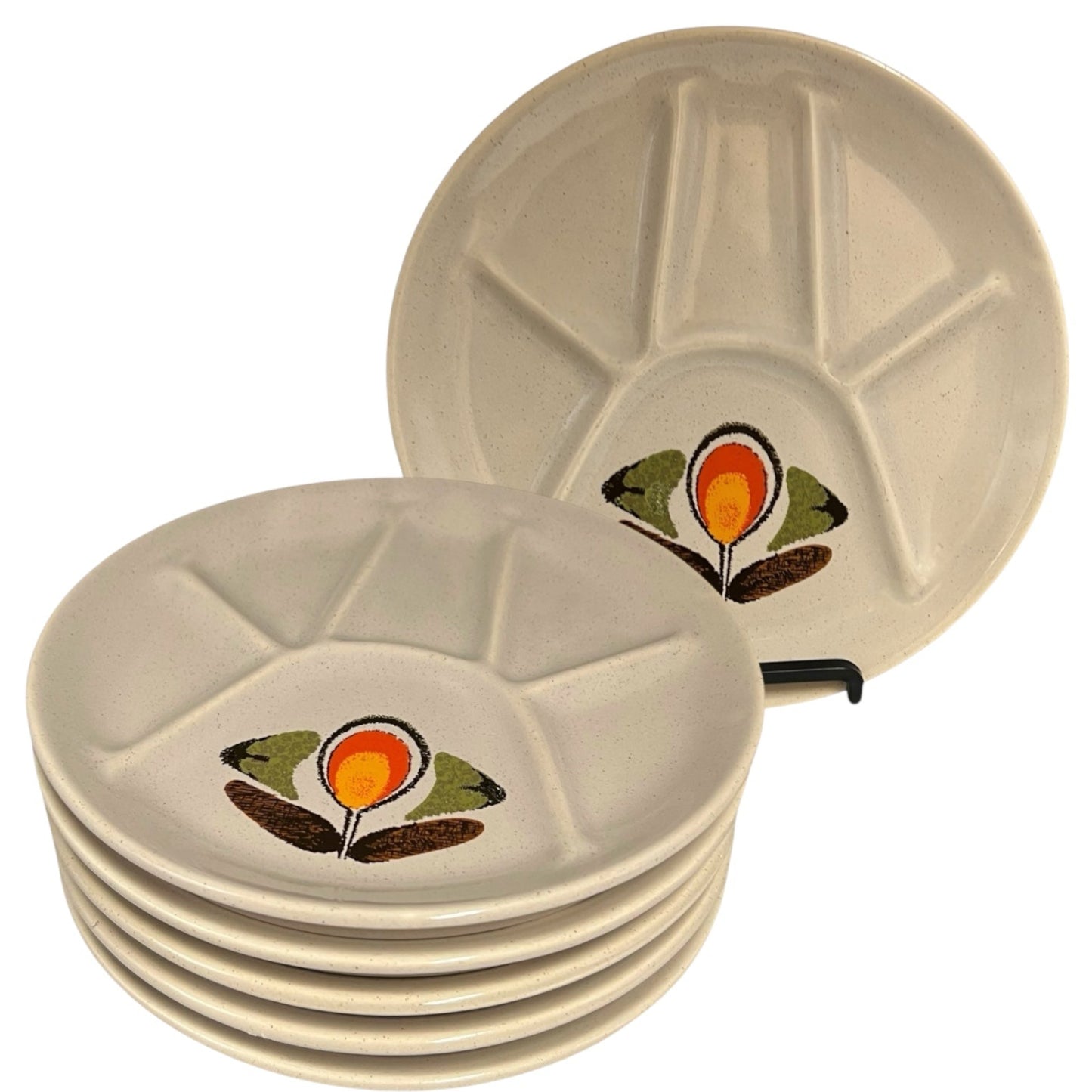 set of 6 Fondue Plates, Retro Mid Century Divided Plate Set, Faience Pottery flower design