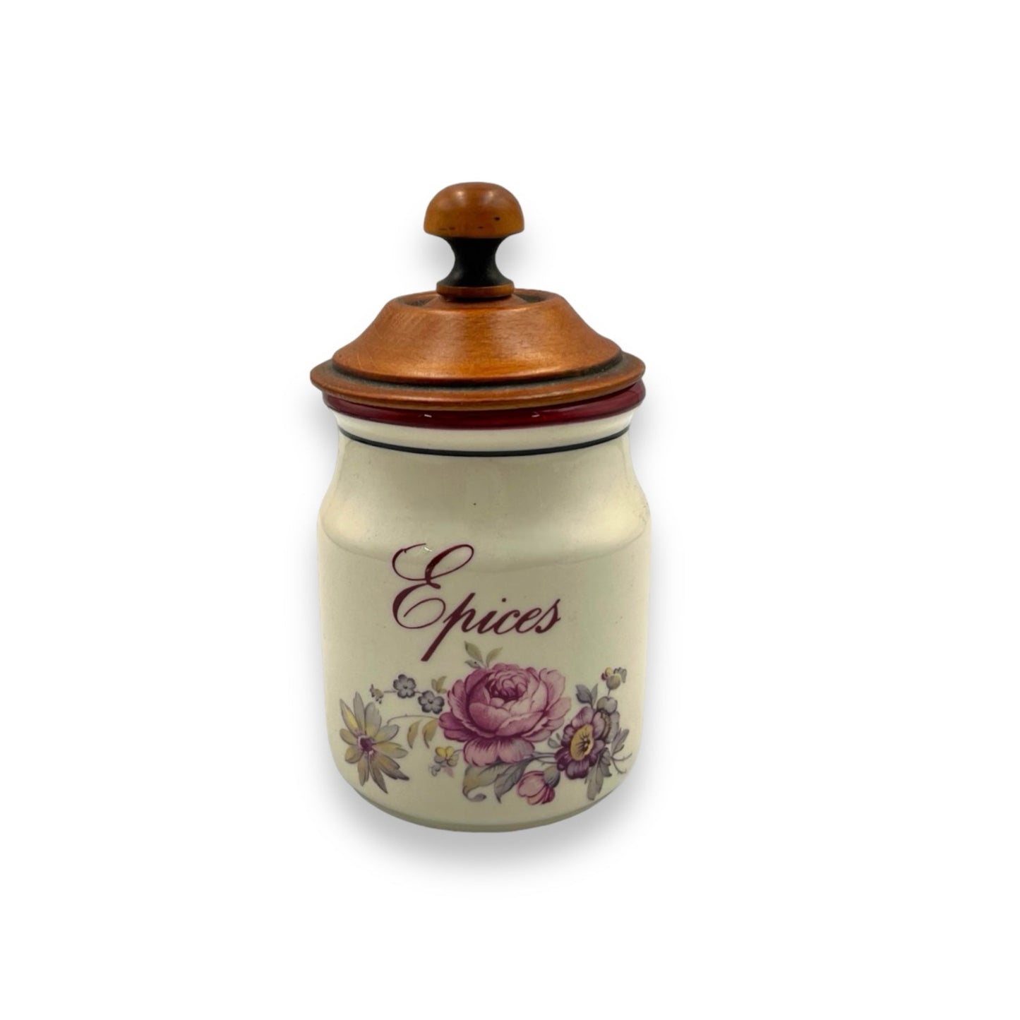 French vintage spice jar with a wooden lid for sale by All Things French Store