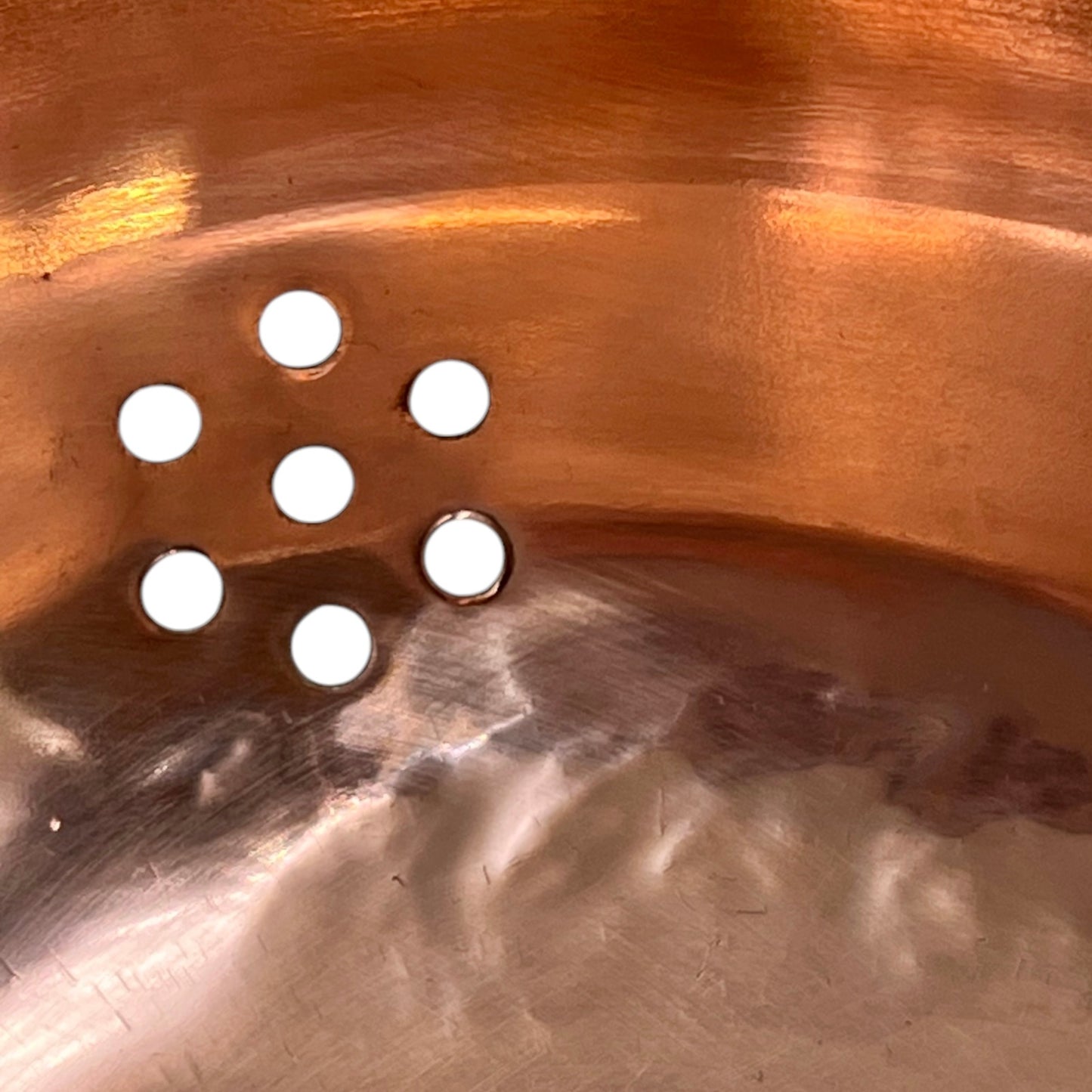 close up view of French Copper Sieve with Brass Handles
