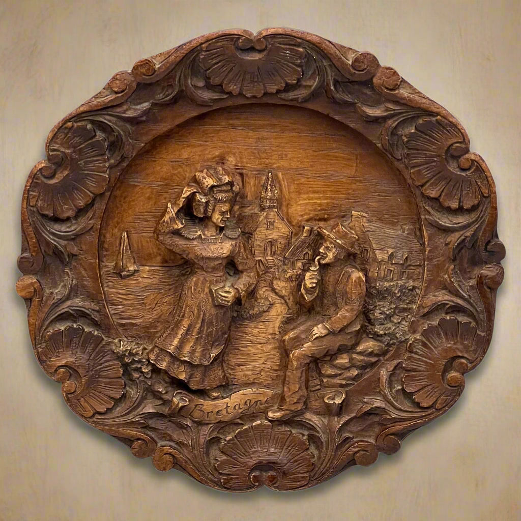 Vintage Wooden French Wall Plaque Decorative Carved 3D Art Family Scene for sale from All Things French Store