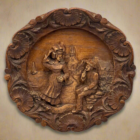 Vintage Wooden French Wall Plaque Decorative Carved 3D Art Family Scene for sale from All Things French Store