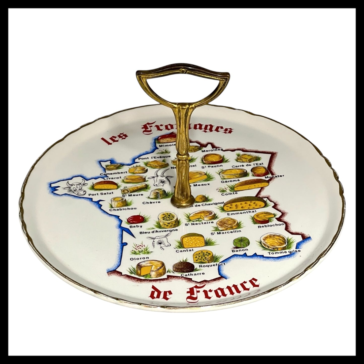 French Porcelain Cheeseboard with Map Decoration, Vintage Cheese Board