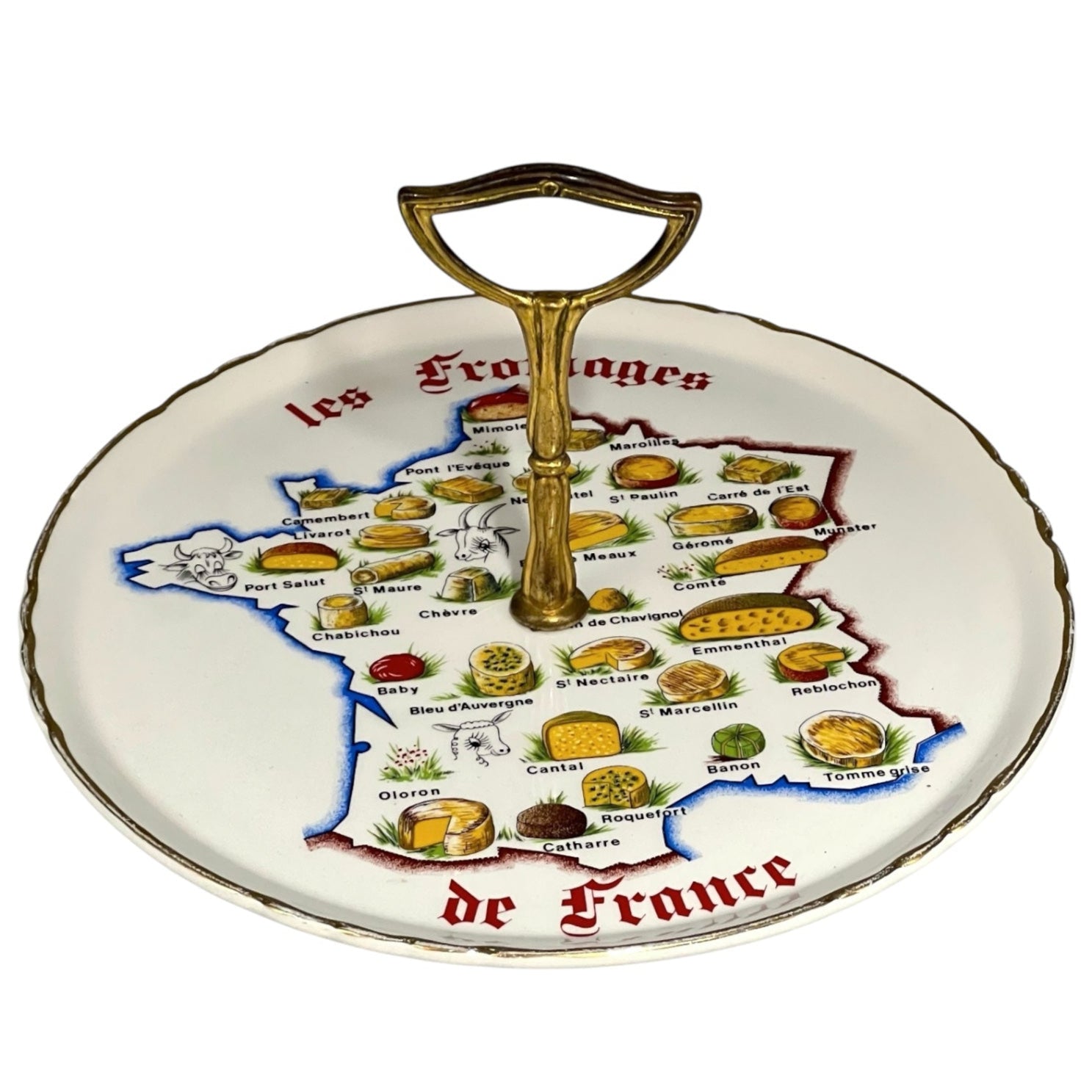 French Porcelain Cheeseboard with Map Decoration, Vintage Cheese Board