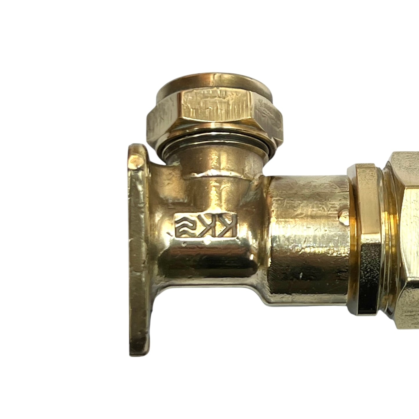 Brass bracket for wall mounted taps on a white background