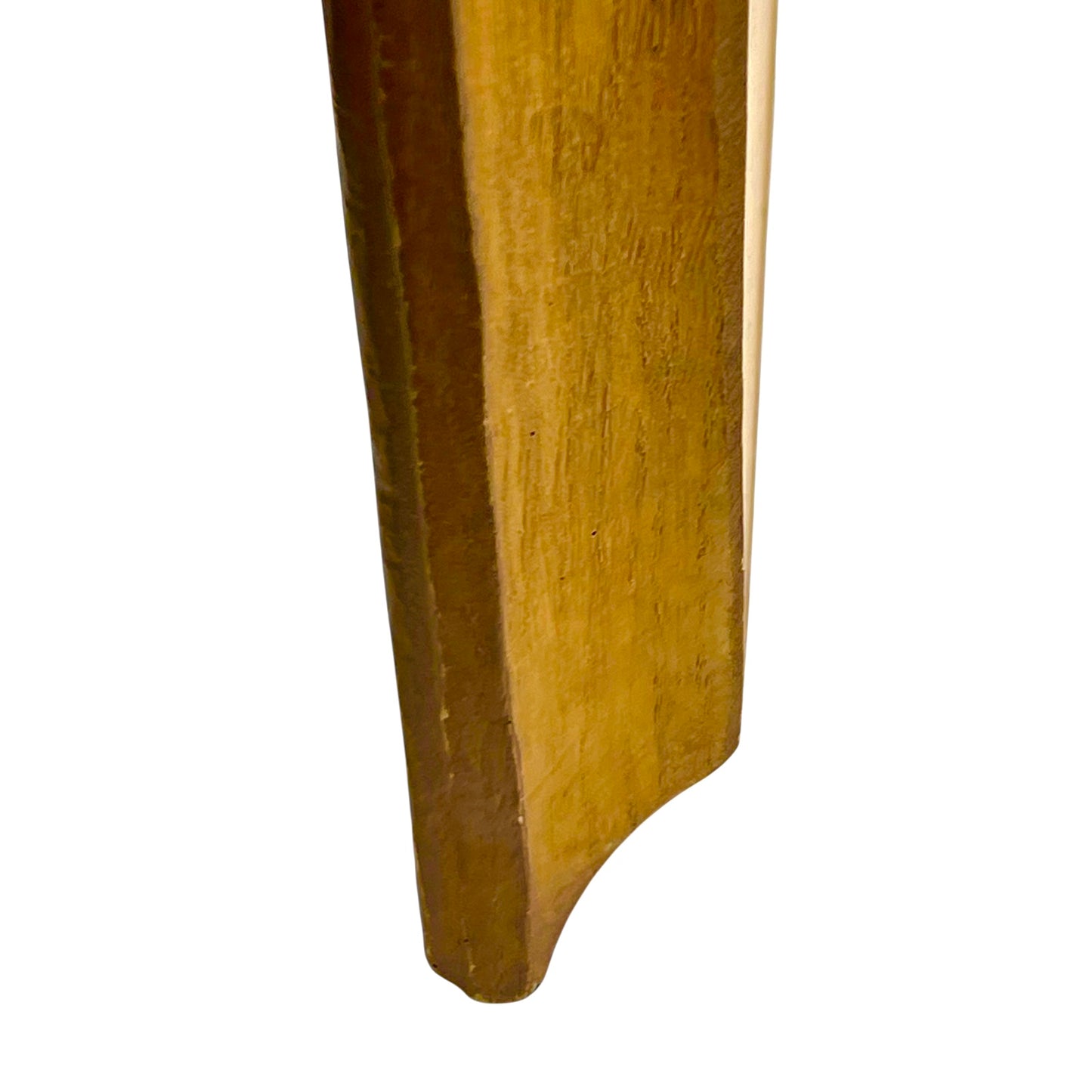 side view of wooden relief sculpture in an arts and crafts style on a white background