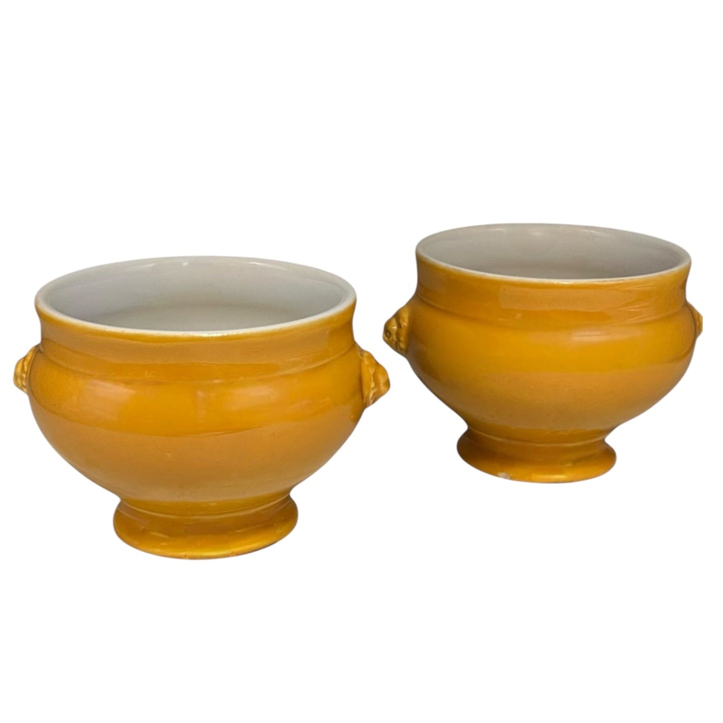 French Lions Head Handle Bowls, Pair of  Bowls, yellow with white inner