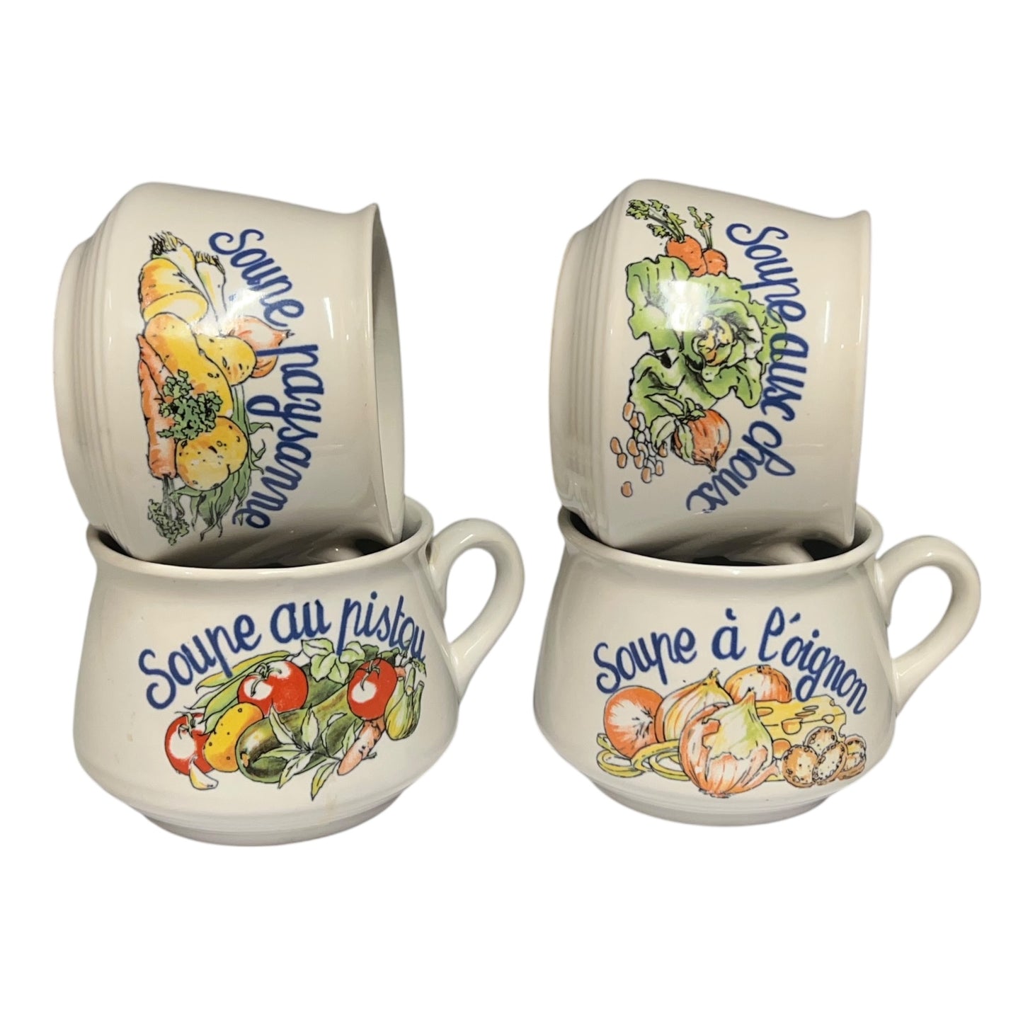 Set of four ceramic mugs with vegetable illustrations and French text on a white background