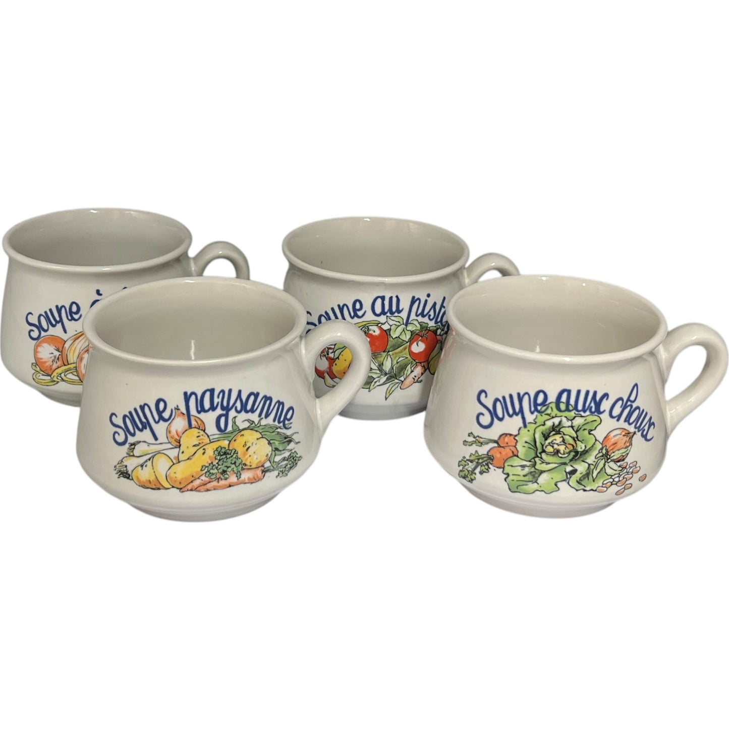 Set of four ceramic soup bowls with vegetable illustrations and text on a white background