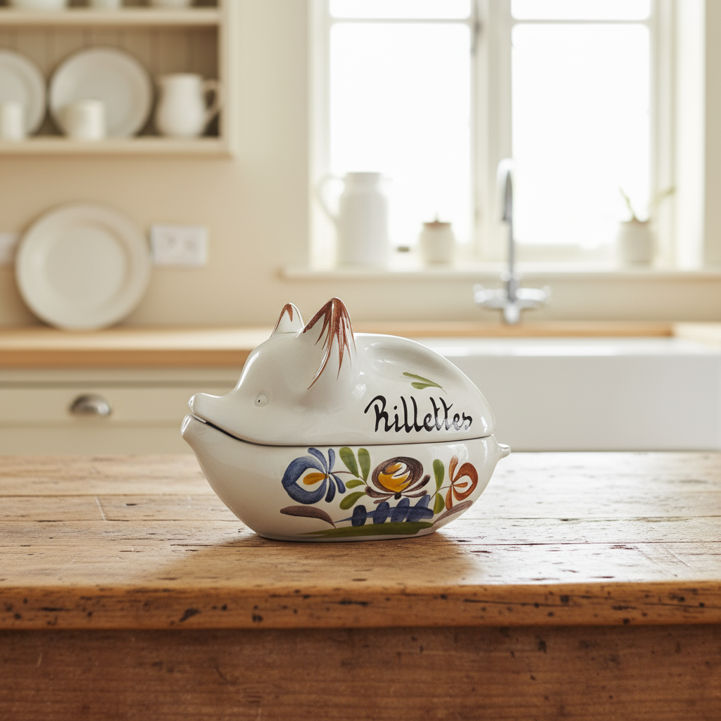 Decorative ceramic pig-shaped container with floral designs on a wooden kitchen counter.