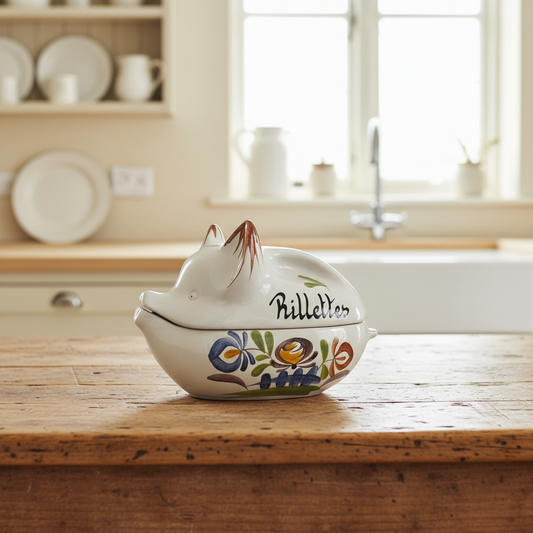 Decorative ceramic pig-shaped container with floral designs on a wooden kitchen counter.