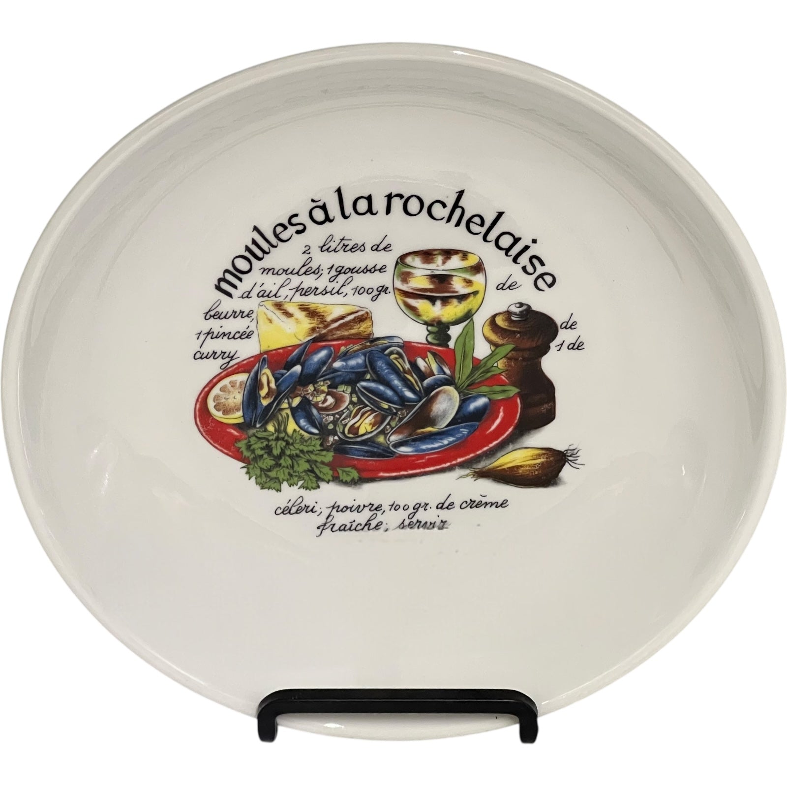 Ceramic plate with mussels and wine illustration on a white background