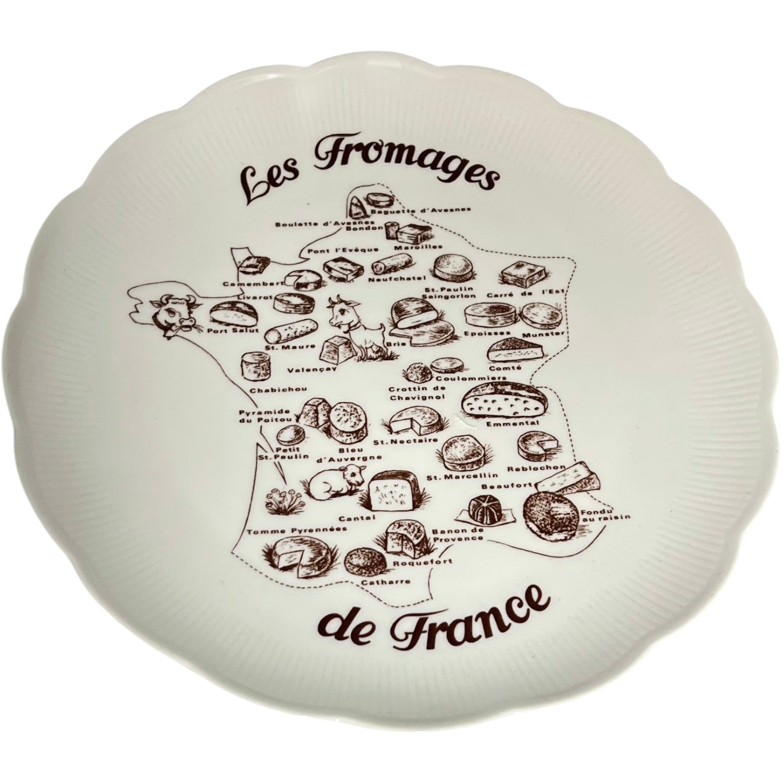 White plate with 'Les Fromages de France' design on a white background