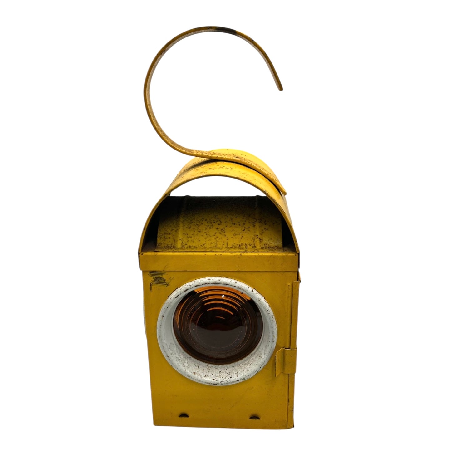 Vintage-style yellow lantern with a hook on a white background