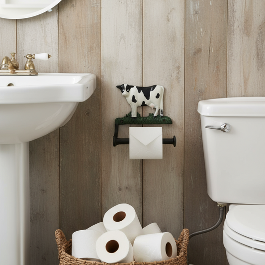 Cow-shaped toilet paper holder on a wall above a basket of toiler rolls in a bathroom with a toilet and washbasin
